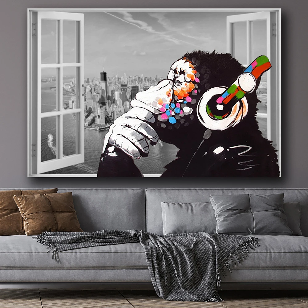 

Banksy Monkey With Headphones Canvas Paintings Thinking Monkey Prints Posters for Living Room Modern Wall Art Home Decoration