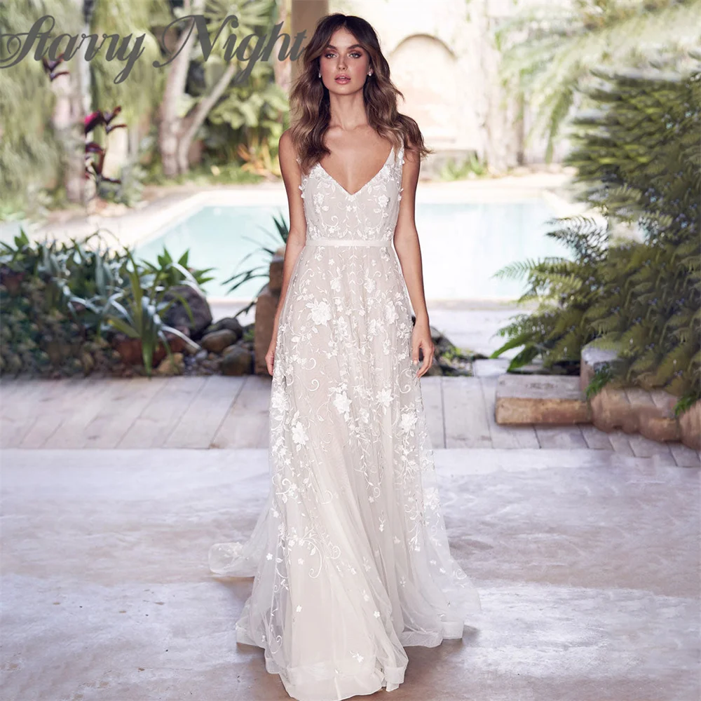 

Bohemian A Line Tank Sleeves Bridal Dress Deep V Neck Bridal Gown Appliques Button Backless Dress For Bride robe de mariée