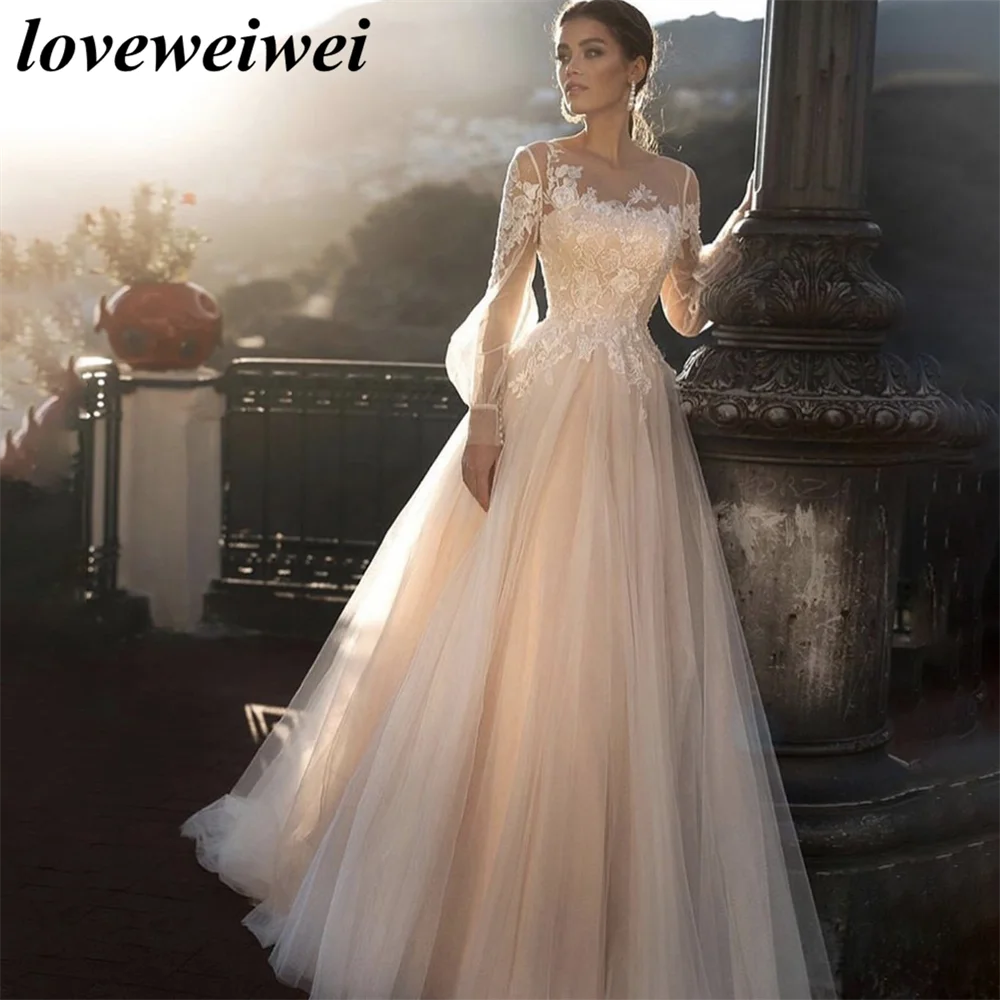 

Wedding Dress A-Line O-Neck Lantern Sleeve Lace Appliques Sequined Button Tulle Floor For Women Custom Made Civil Robe De Mariee