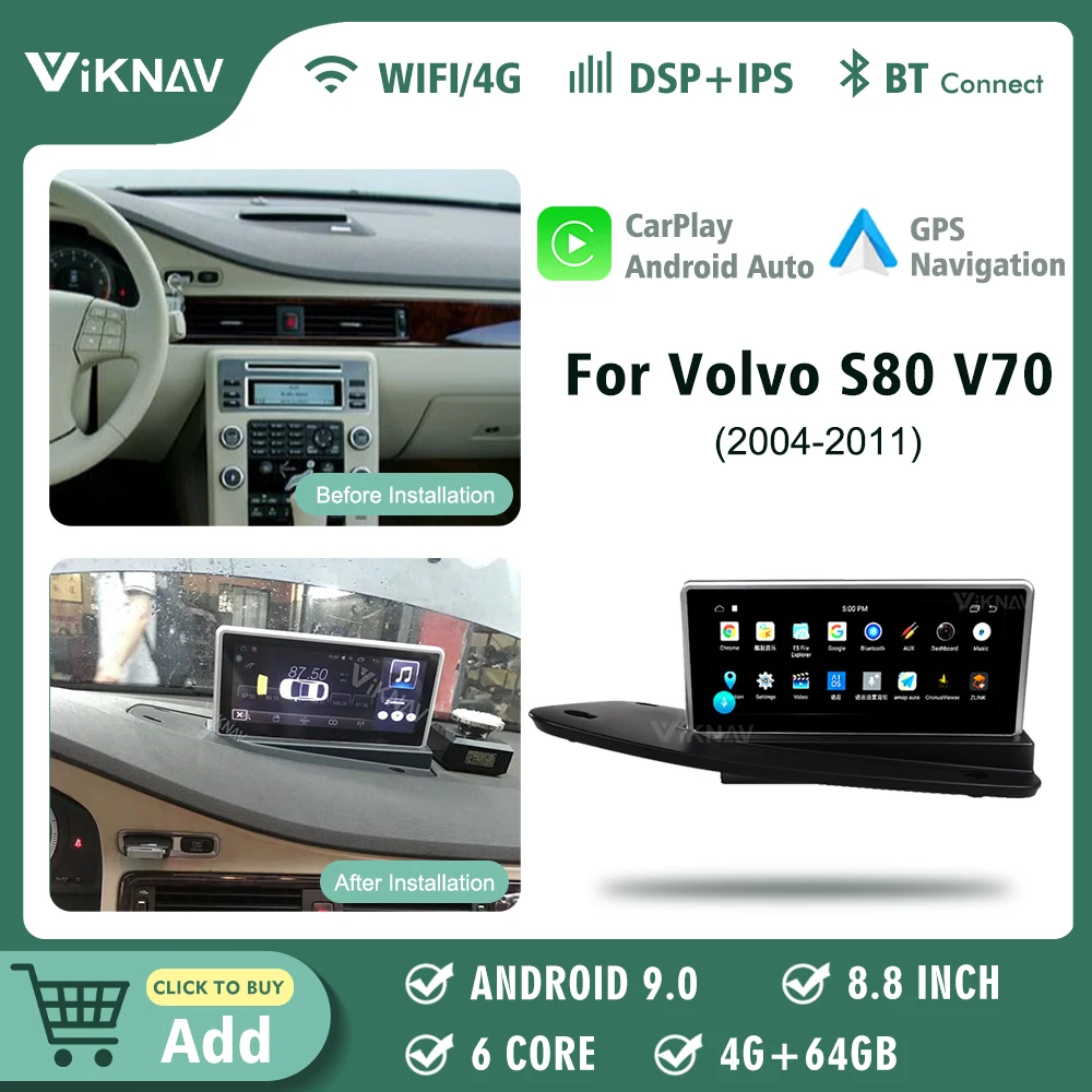 8.8 Inch Android Car Stereo Radio For Volvo S80 V70 2004-2011 Multimedia DVD Video Player GPS Gavigation HD Touch Screen 2 Din