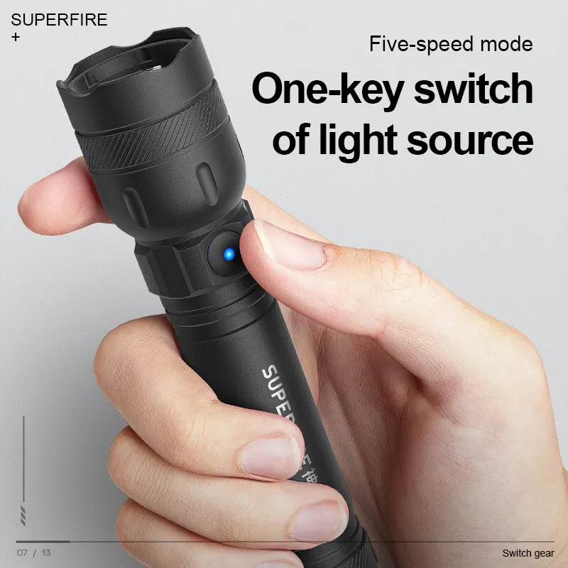 

Суперъяркий фонарик SUPERFIRE GTS6, 7 Вт, 5 режимов, перезаряжаемый аккумулятор Type-C 18650, ультраярфонарь онарик для кемпинга и улицы