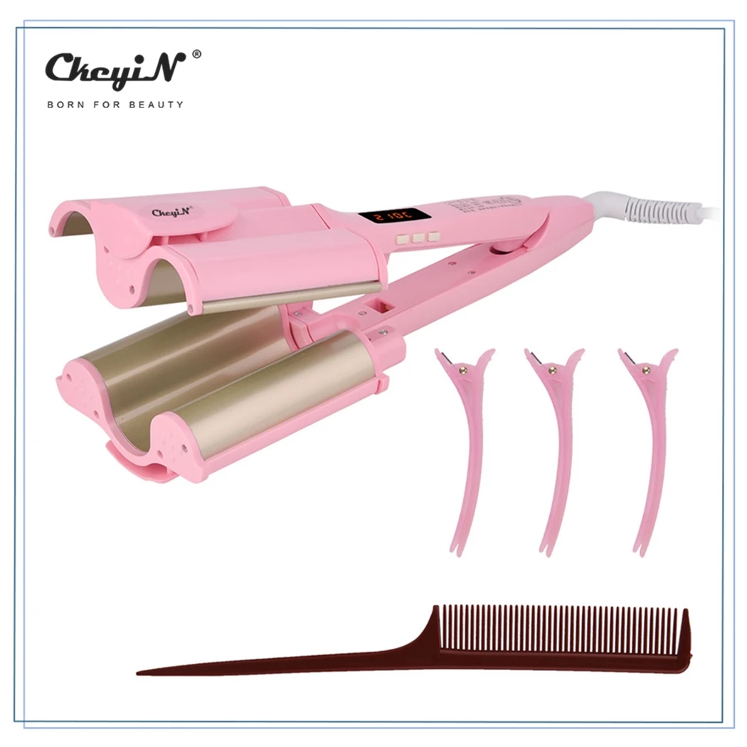 

CkeyiN 32mm 3 Barrels Hair Curler LCD Display Big Wave Hair Curling Iron Professional Perm Splint