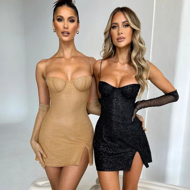 

Черное блестящее облегающее мини-платье с открытой спиной и перчатками, Осеннее женское элегантное платье для выпускного вечера, 2022