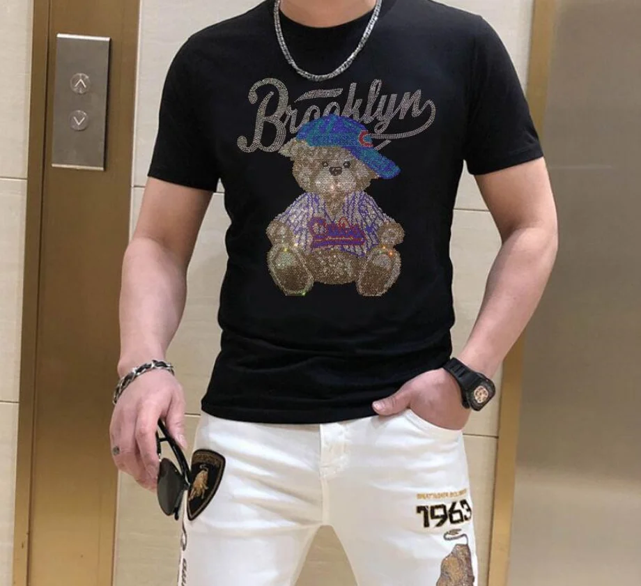 

2023 Newest T Shirt for Men Clothing Designer Rhinestone Fitness O Neck Man T-shirt For Male S-4XL New Men T-shirts