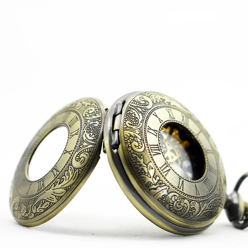 Vintage Roman Mechanical Pocket Watch Hollow Case Hand Wind Casual Fashion Watch Necklace Pendant With FOB Chain Gift relogio