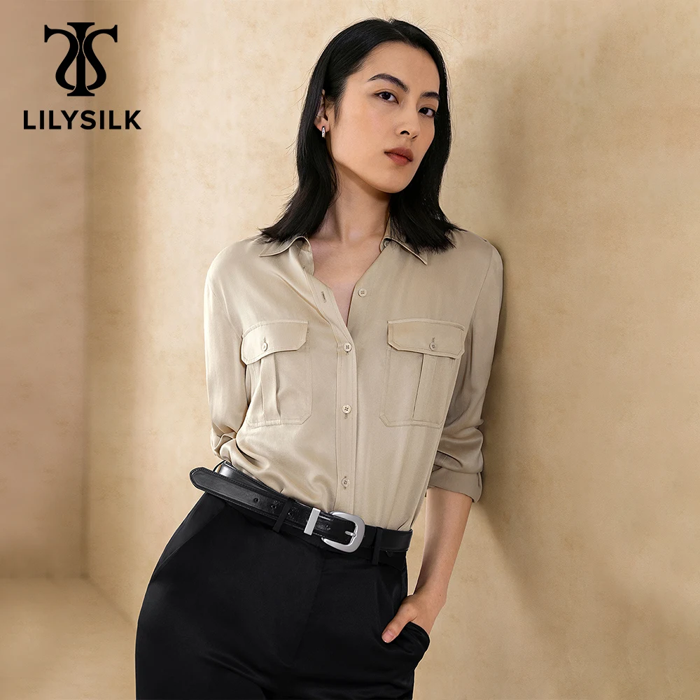 

LILYSILK Women Silk Cargo Shirt 2022 Fall New Lady Cowboy Style Pocket Design Top Female Y2k Long Sleeve Outfits Free Shipping