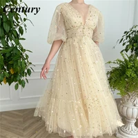 century deep v neck beige tulle midi prom dresses half puff sleeves embroidered lace prom gowns tea length wedding party dresses