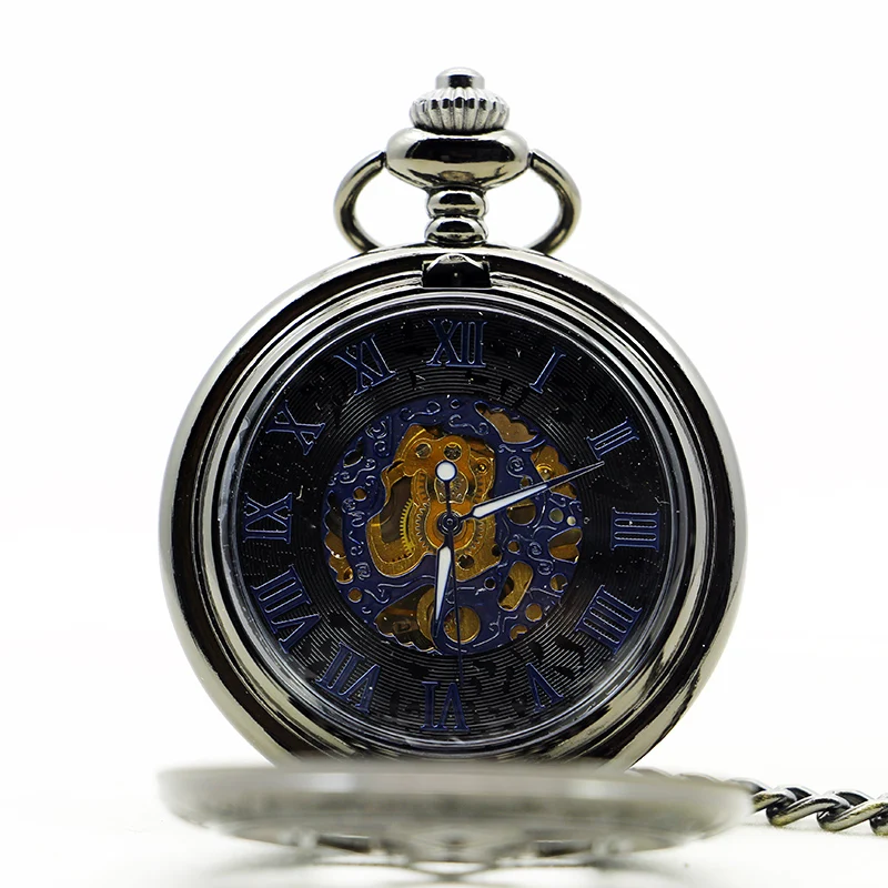 Black Classic Window Pattern Hollow Vintage Mechanical Pocket Watch For Men Ladies Steampunk Pendant Chain Hand Wind Fob Watch