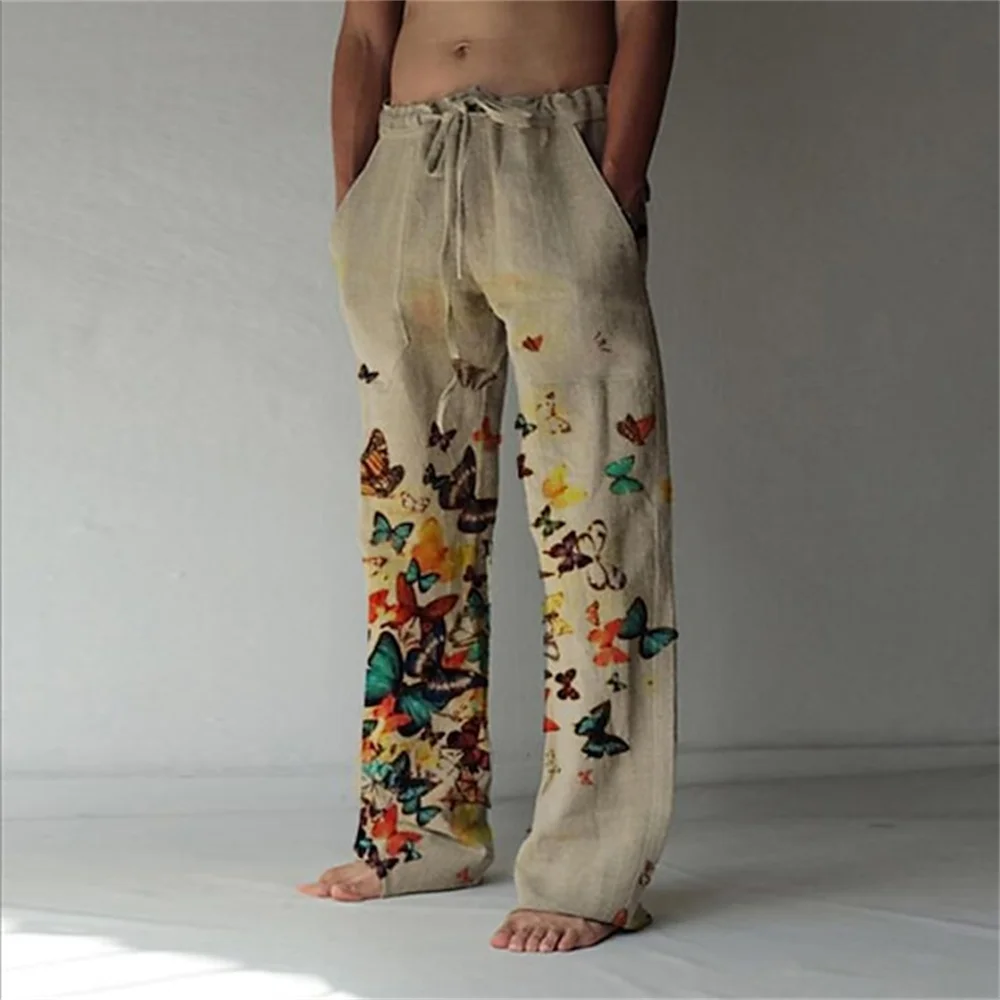 

Men's pants Summer pants Beach drawstring straight tube printed butterfly breathable Hawaii