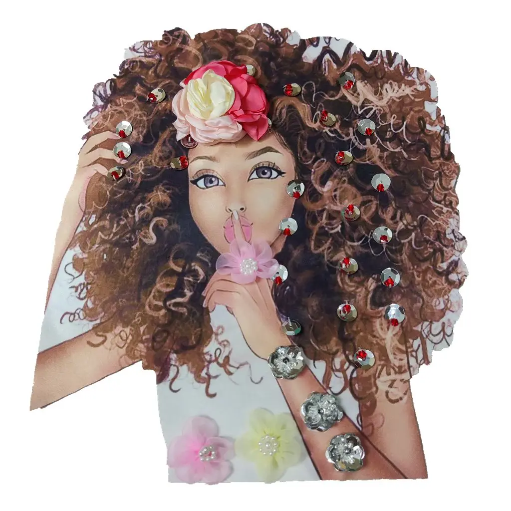 

African Girl Fabric Beauty Lady With Flower Sequin Fabric Sewing Accessories Sew-on Printed Parch Badges Clothing DIY Patches