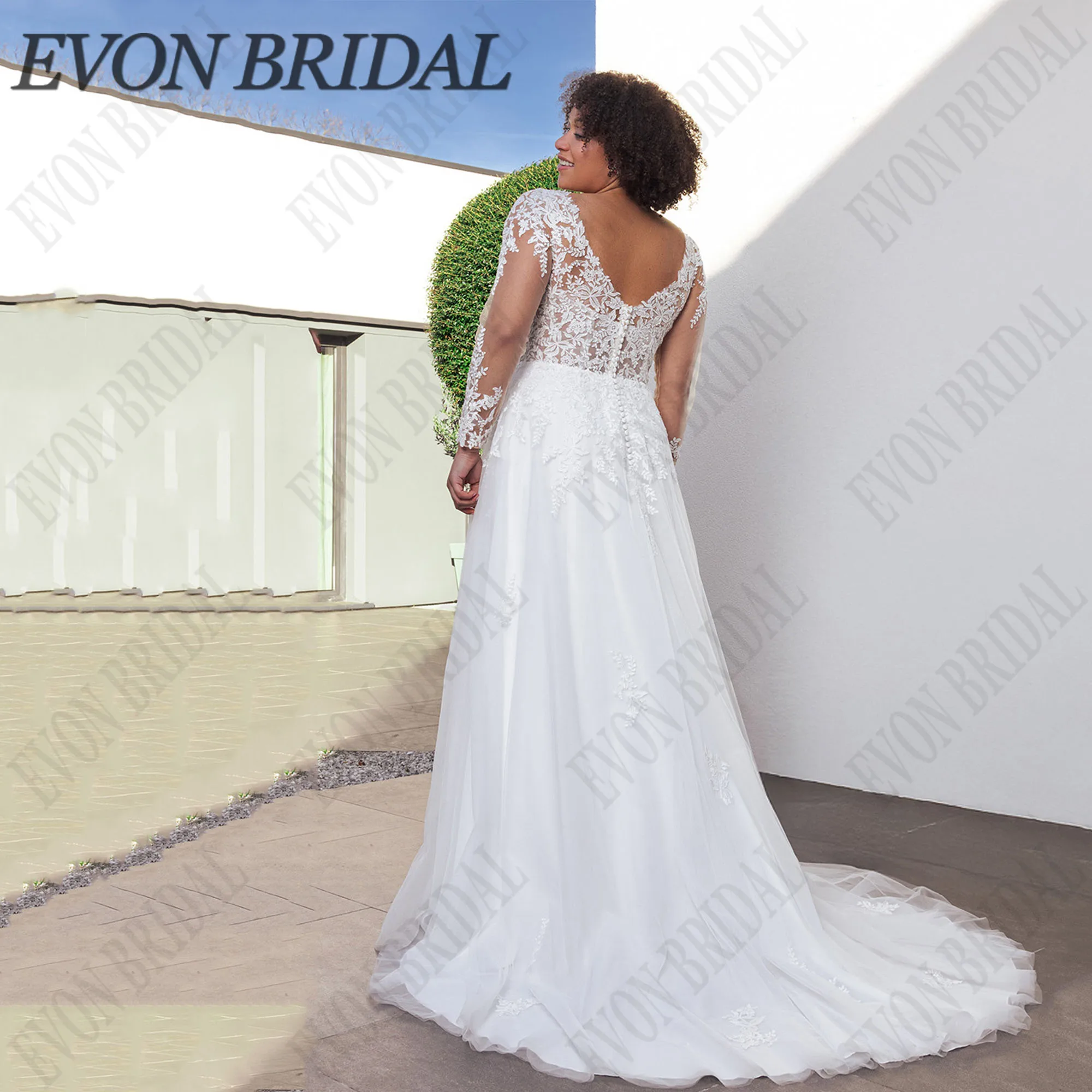 Фото EVON BRIDAL Свадебное платье больших размеров трапециевидной формы с длинными рукавами и v-образным вырезом Vestidos De Novia Элегантное платье невесты с аппликацией на шнуровке на заказ №2