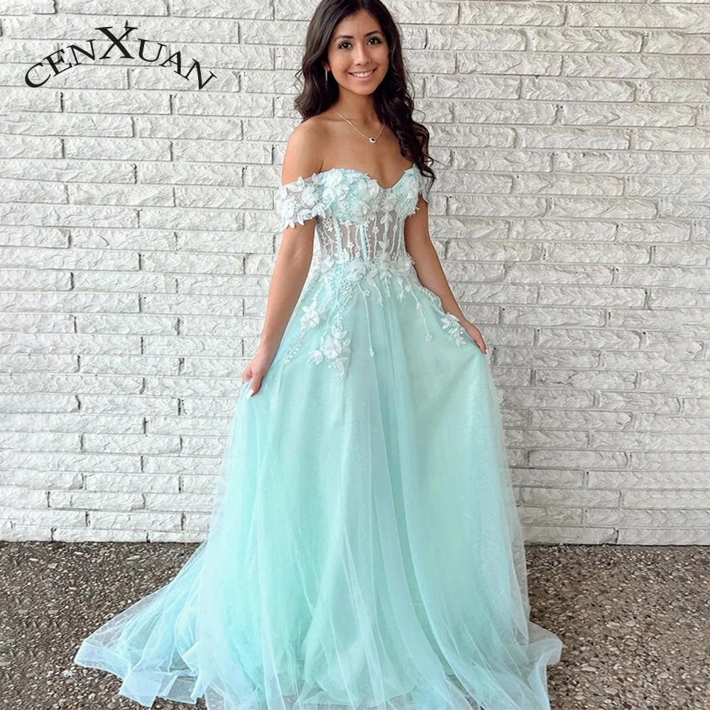 

CENXUAN Charming Prom Evening Dresses 2023 Appliques Sweetheart Off The Shoulder A-line Tulle Vestido De Noche Custome Made