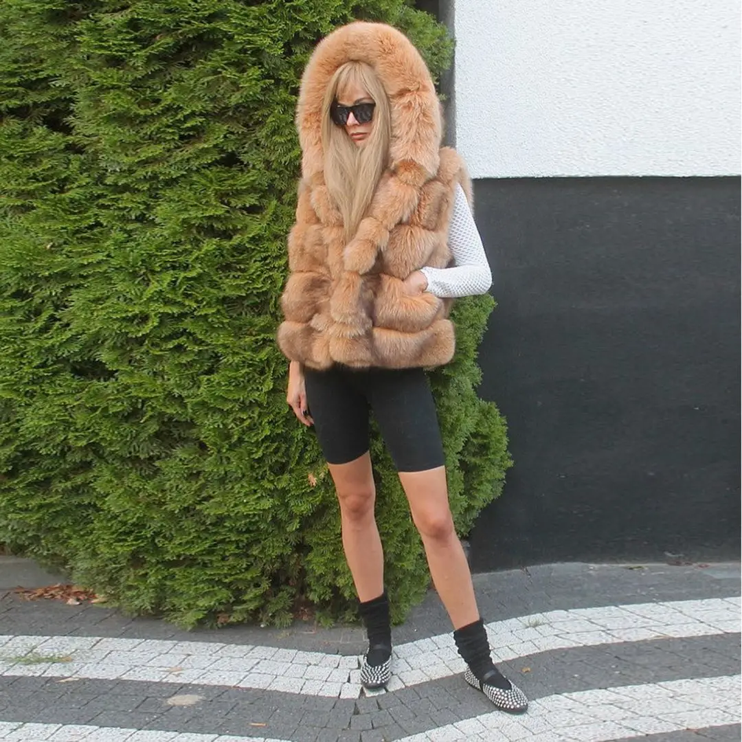 Khkai пальто из натурального лисьего меха без рукавов высокое качество женская