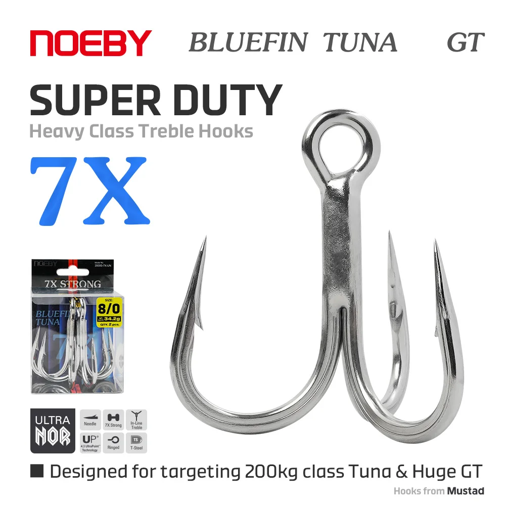 Фото NOEBY Bluefin Tuna Super Duty Heavy Class Treble Hooks 7X Max Drag 200kg Mustad Tuna Hook 3/0 4/0 5/0 6/0 7/0 8/0 Большой игровой крючок №1