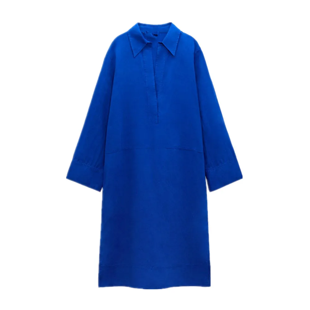 

PB&ZA summer new women's fashion casual blue V-shaped lapel long-sleeved linen blend fabric loose tunic dress 4786/250