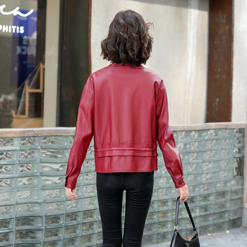 Women Faux Leather Jacket Biker Red White Coat Turndown Collar PU Motorcycle Jacket Uasual PU Loose Female Steet Oversize Coat