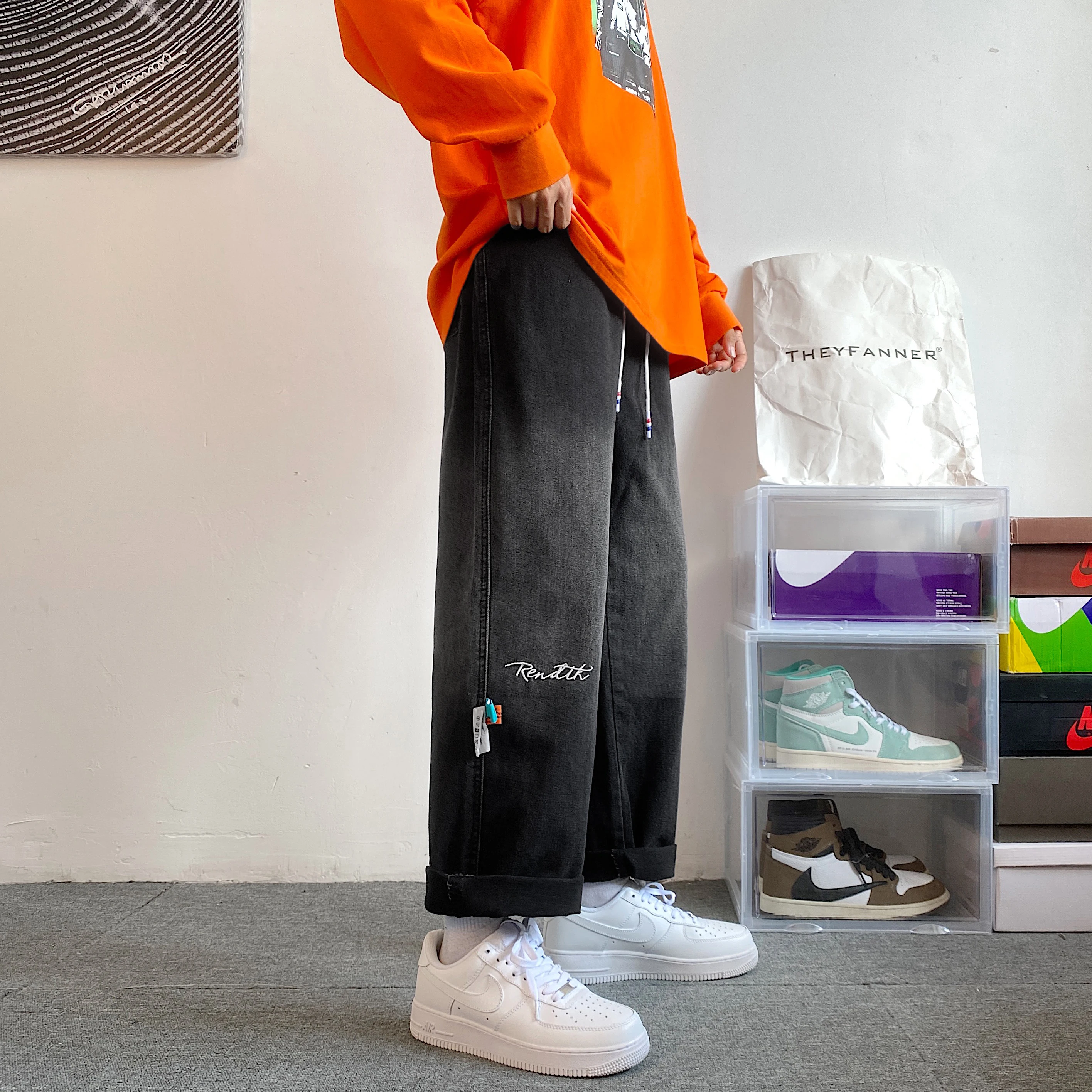 2023 Spring Autumn Black Jeans Fashion Design Casual Ankle Banded Pants Loose Straight Men's Clothing