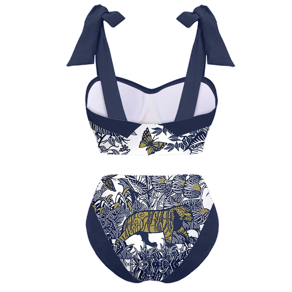 Fashion Butterfly Tiger Print Bikini Slim Beachwear Women's  Pull Up Sling High Waist Patchwork Swimsuit Retro Swimwear