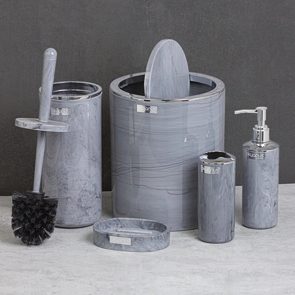

5 Piece Bathroom Accessories Set Marble Patterned with Trash Can Toothbrush Holder Soap Dispenser Soap and Lotion Set Acrylic