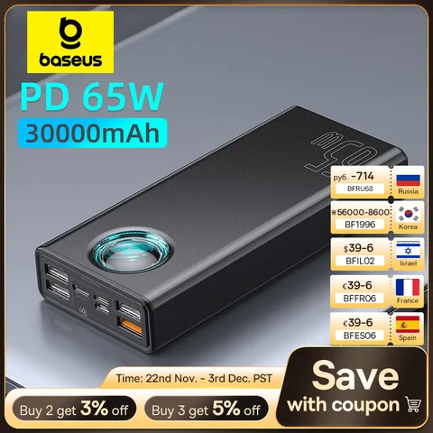 Power Bank Baseus 65W 30000mAh PD Быстрая Зарядка FCP SCP Портативное Внешнее Зарядное Устройство Для Смартфонов Ноутбуков