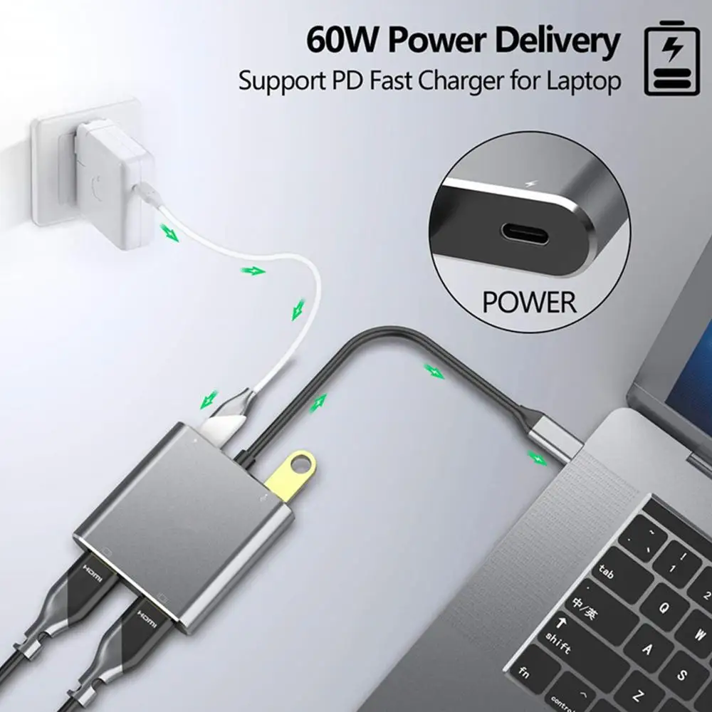 

4 in 1 USB HUB Type C to Dual 4K HDMI-Compatible USB 3.0 PD Type C Splitter Dual Screen Display Adapter for Switch MacBook Pro