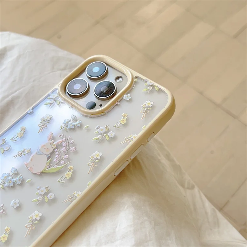 Чехол для телефона с милым кроликом Clean Wildflower iPhone 13 14 15 Pro 12 16 Max акриловый