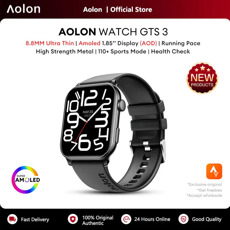 Фото Смарт-часы Aolon GTS3 с AMOLED-экраном 1,85 дюйма, ультратонкие (8,8 мм), с поддержкой WhatsApp, водонепроницаемые (IP68), фитнес-трекер для мужчин и женщин №1