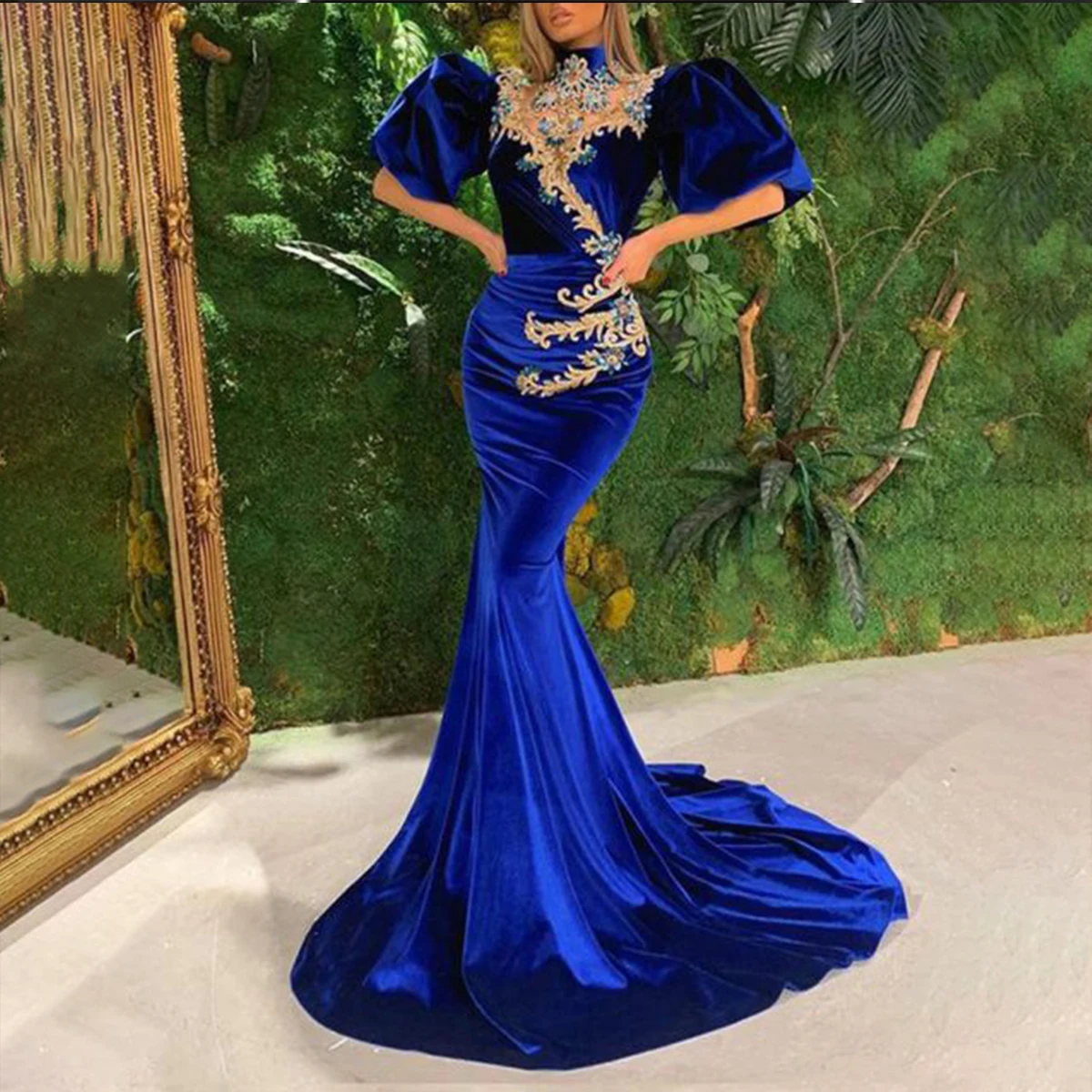 

Африканское бархатное платье для выпускного вечера с высоким воротником короткие пышные рукава вечернее платье русалки Длинные платья с бусинами Вечерние платья на заказ