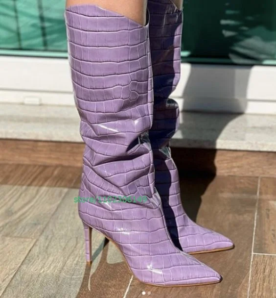 Lady Purple PU calf boots sexy pointed toe stiletto heel boots size party dress causal daily elegant boots footwear size 46