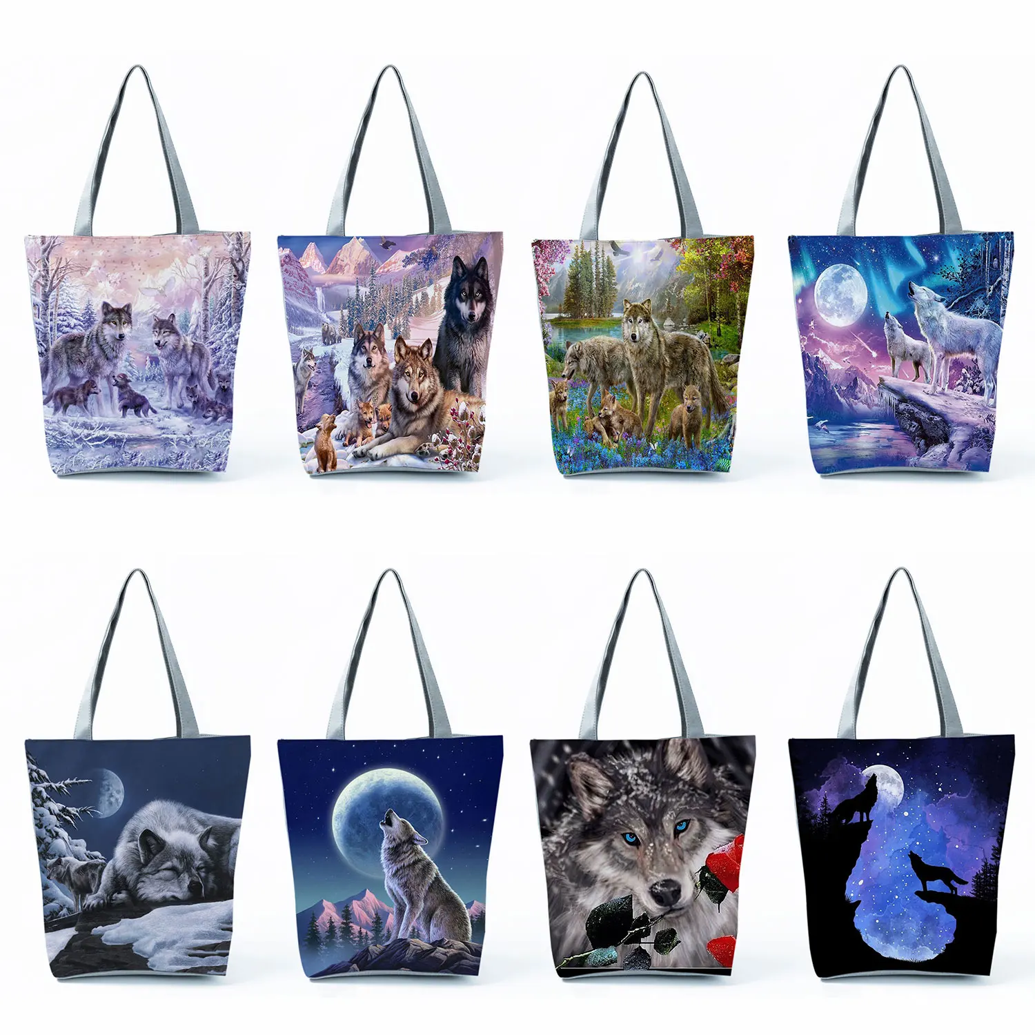 

Reusable Ecobag Wolf Print Shopping Bag Foldable Tote Bags Portable Casual High Capacity Storage Bag Women Handbags Customizable
