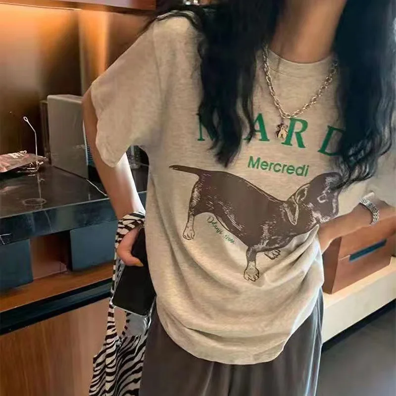 

Korean Dachshund Dot Letter Summer T-Shirts Women O-Neck Short Sleeve Casual Top Tees Loose Vintage Korea Cute Tops Tees