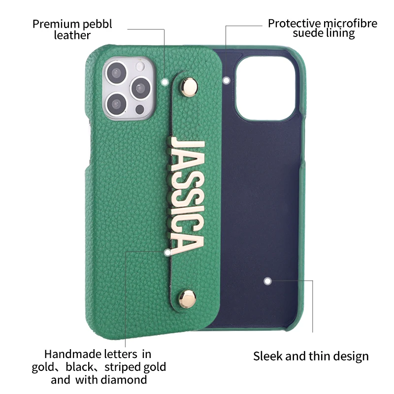 Handmade Wristband Holding Strap Custom Your Name Pebble Leather Phone Case For iPhone14 14ProMax 14Plus 13Promax 13 Personalize