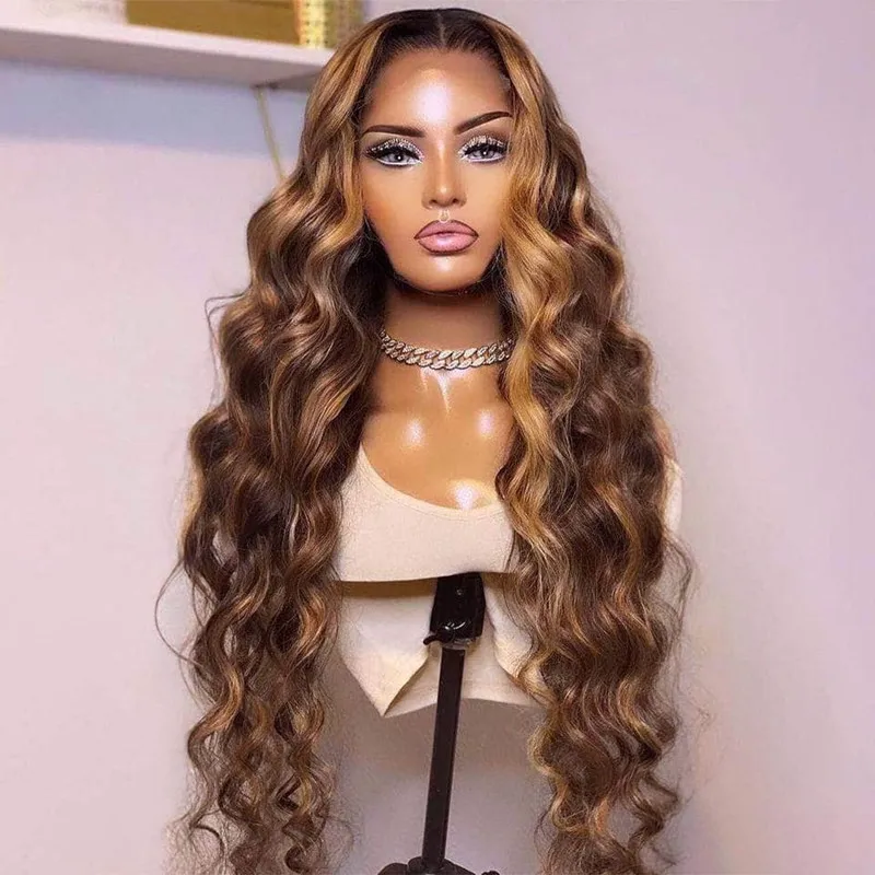Highlight Wig Human Hair 30 Inch Brown Body Wave Lace Front Wig HD Transparent 13x4 Lace Frontal Human Hair Wigs For Women