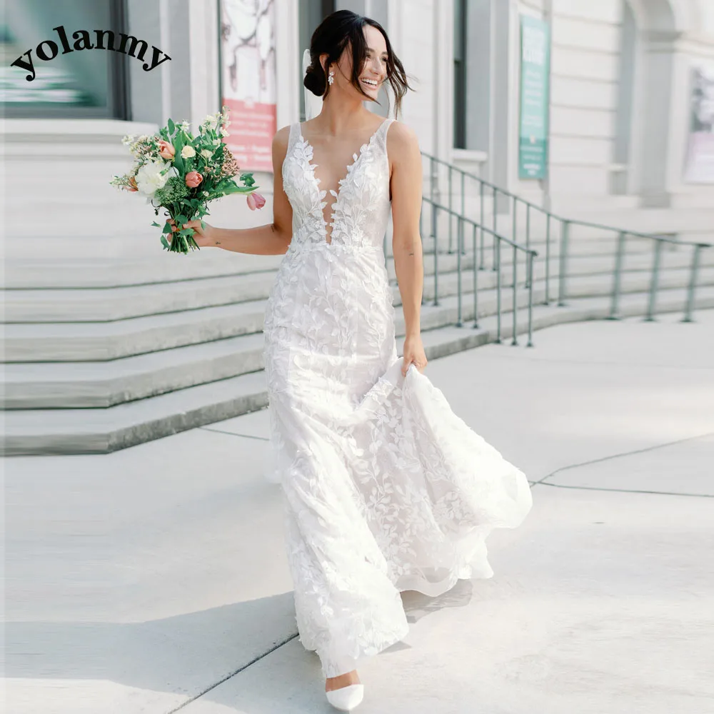 

YOLANMY Elegant Wedding Dresses Scoop Backless Tank Sleeveless Mermaid Pleat Bridal Gown Robe De Mariée For Women Custom Made