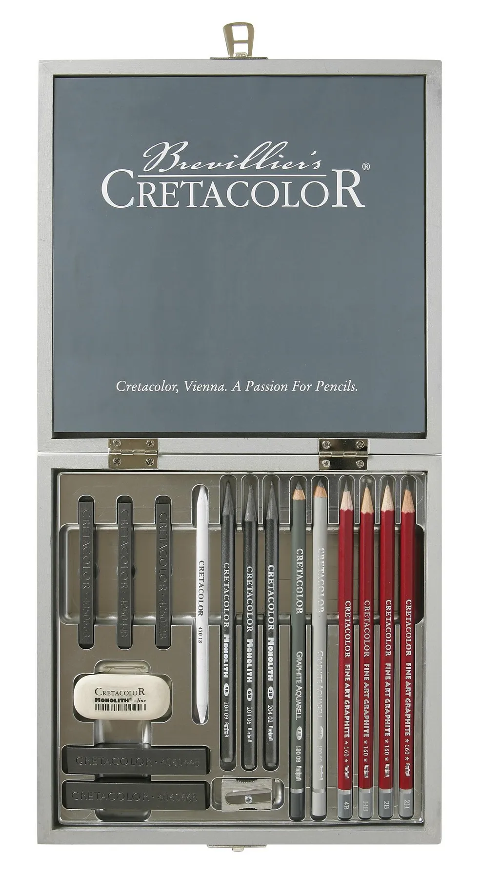 Pencil set cretacolor silver box + accessories in wooden painted color |