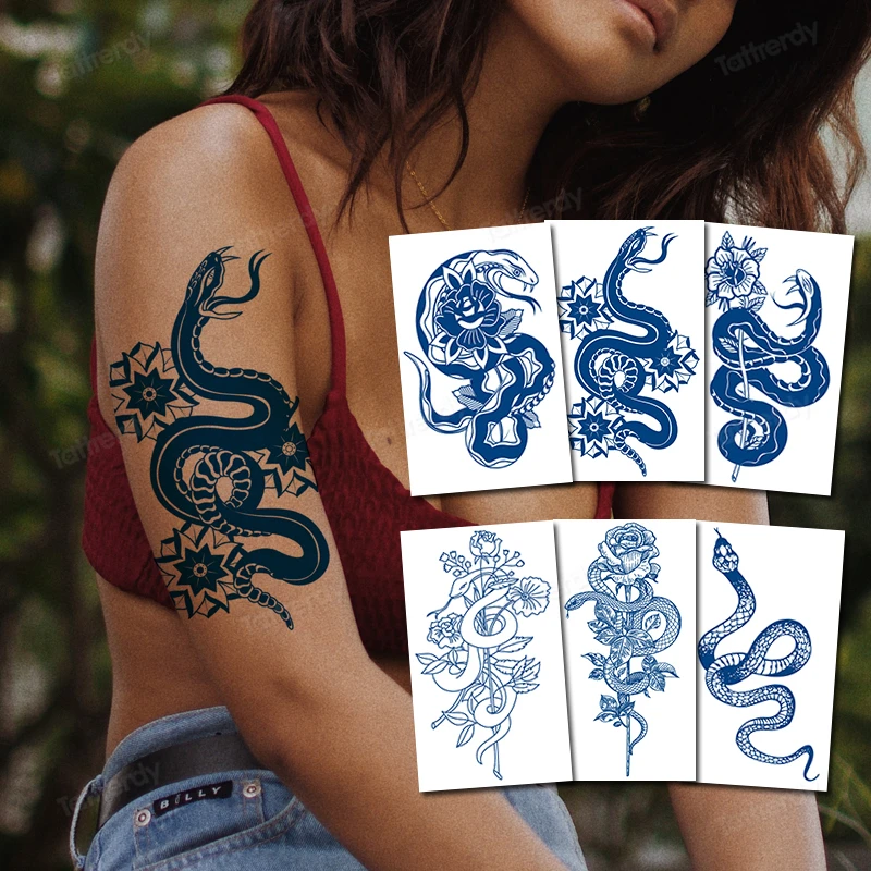 

Временные тату-наклейки 16 шт./лот, оптовая продажа, натуральные травяные чернила, боди-арт, змея, дракон, роза, цветок, тату, поддельные, долго...