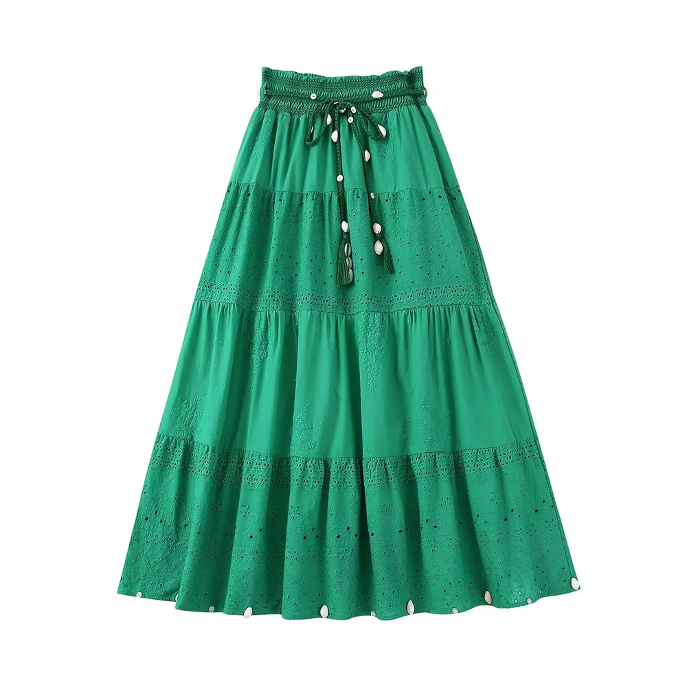 

PB&ZA 2022 Autumn New Women's Clothing Casual Retro Green Hollow Embroidery High Waist Lace-up Accessories Skirt 5598240