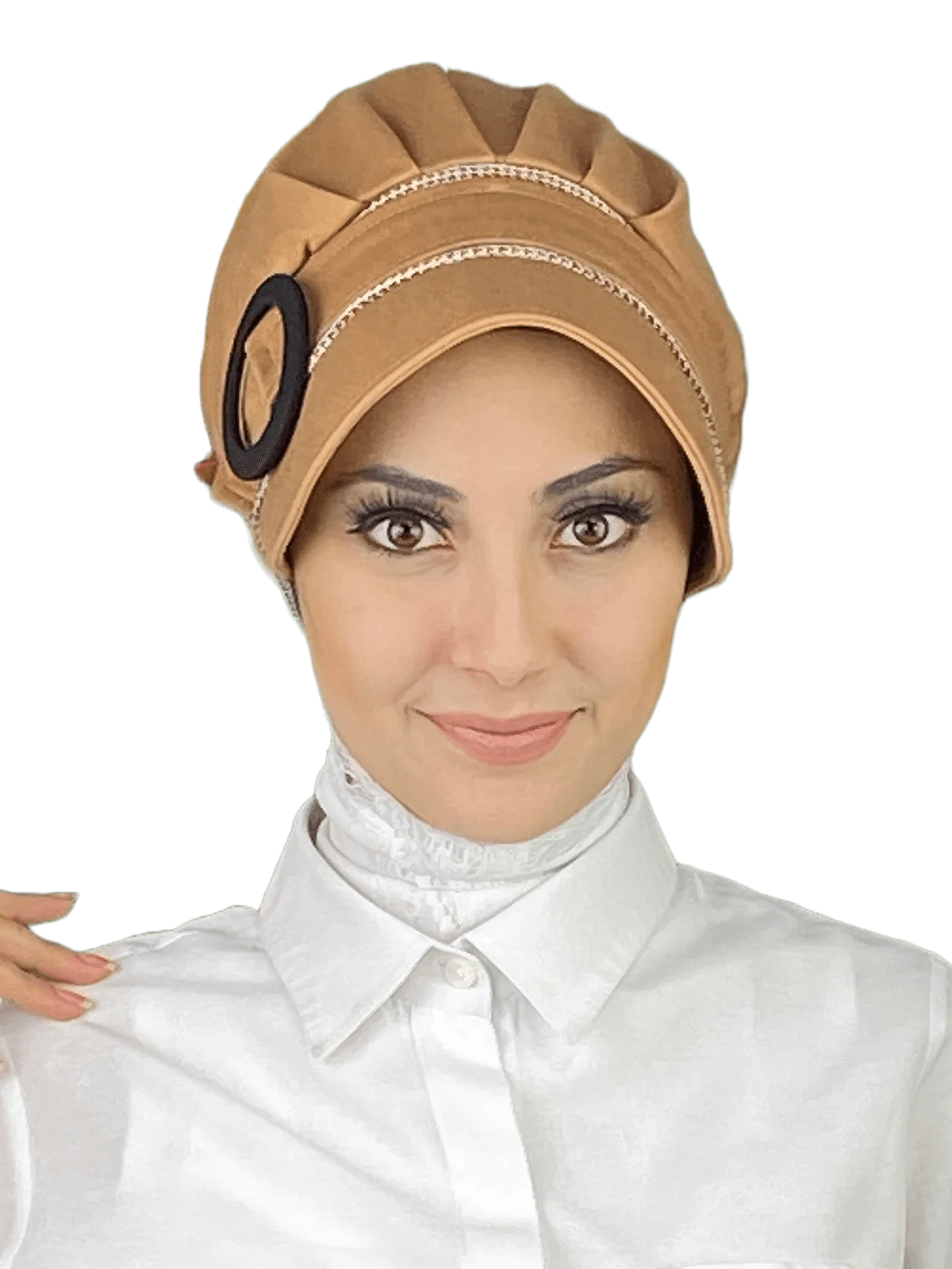 

Caramel Pitikare Detail Buckle Hat New Fashion Islamic Muslim Women Scarf Trend Headscarf Ready-to-Wear Beere Bone