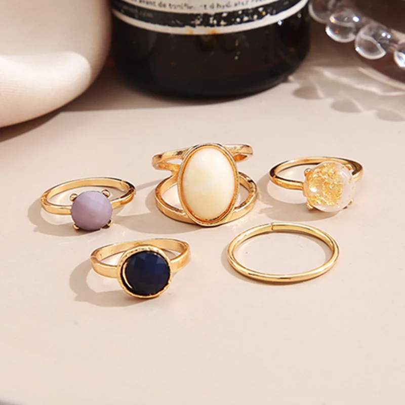

European And American Popular Simple Metal Ring 5 Piece Set Jewelry Fashion Personality Gold Plated Multicolor Crystal Ring