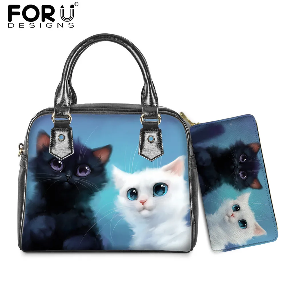 

FORUDESIGNS Women Cartoon Handbag Set Cute Funny Cat Pattern 2022 Fashion Casual Lightweight Saddle Bag and Wallet for Teen Girl