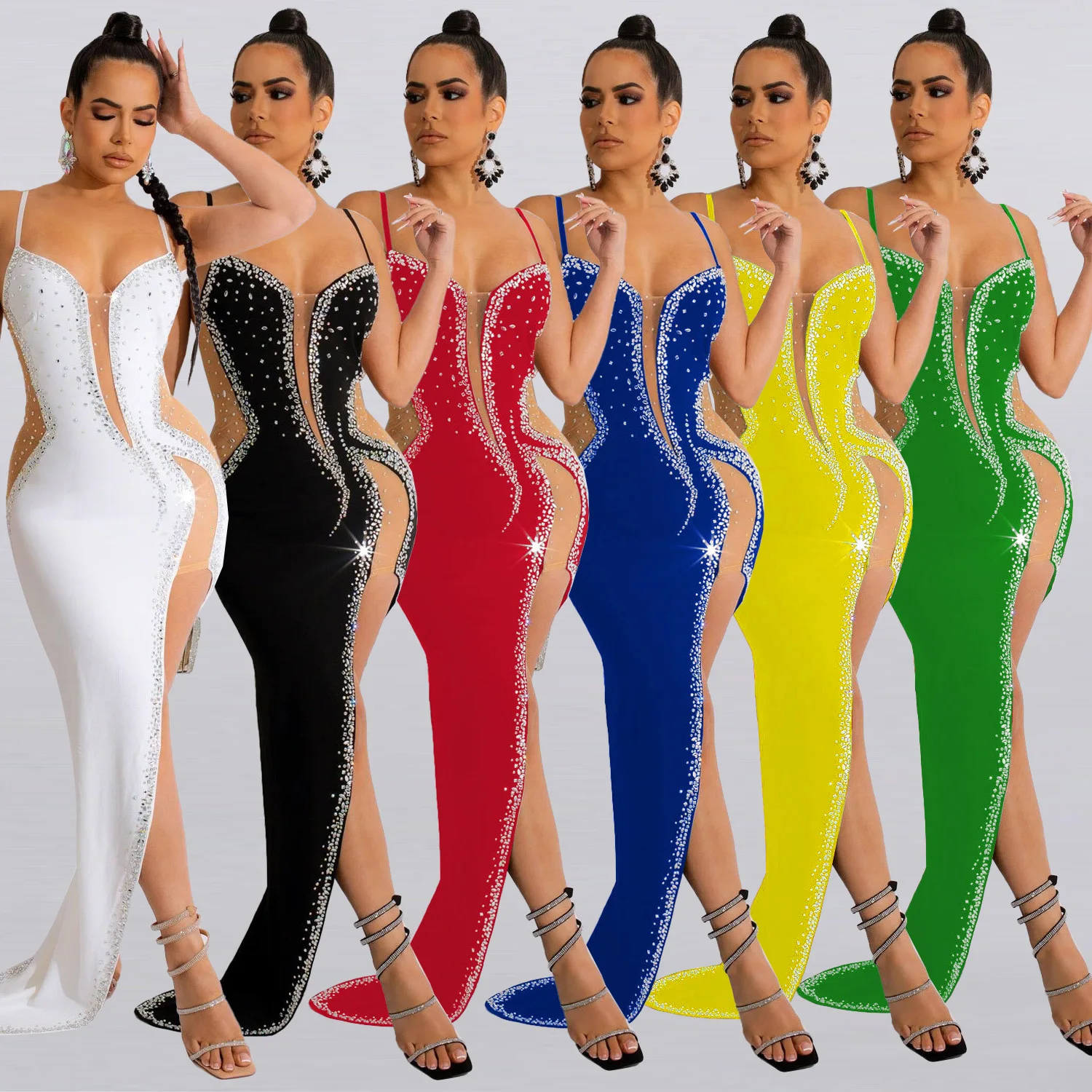 

Sexy Sheer Mesh Diamonds Maxi Party Dress Women Spaghetti Straps Backless Side Split Bodycon Long Robe Evening Gown