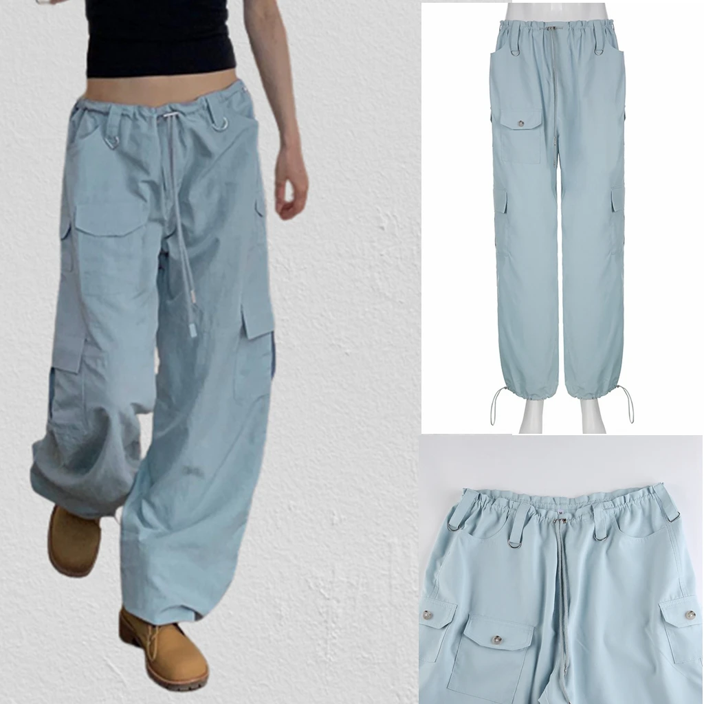 

Y2k Baggy Cargo Pants Parachute Trouser Blue Palazzo Wide Leg Multipockets Straight Streetwear Fall Summer Fashion Women Clothes