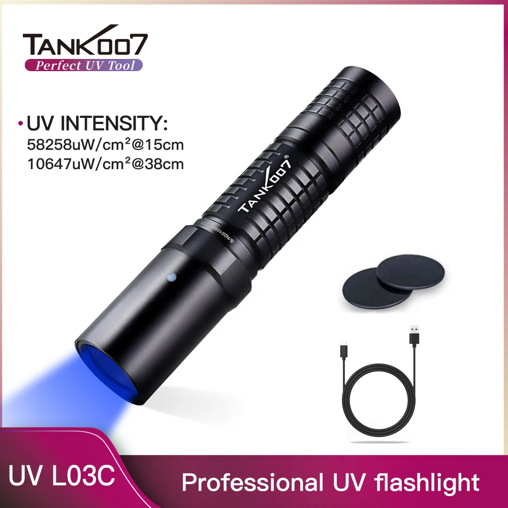 TANK007 L03C NDT Anti-Counterfeit Cold Light Source UV LED 365nm Blacklight Ultraviolet Light Flashlight Curing USB Rechargeable