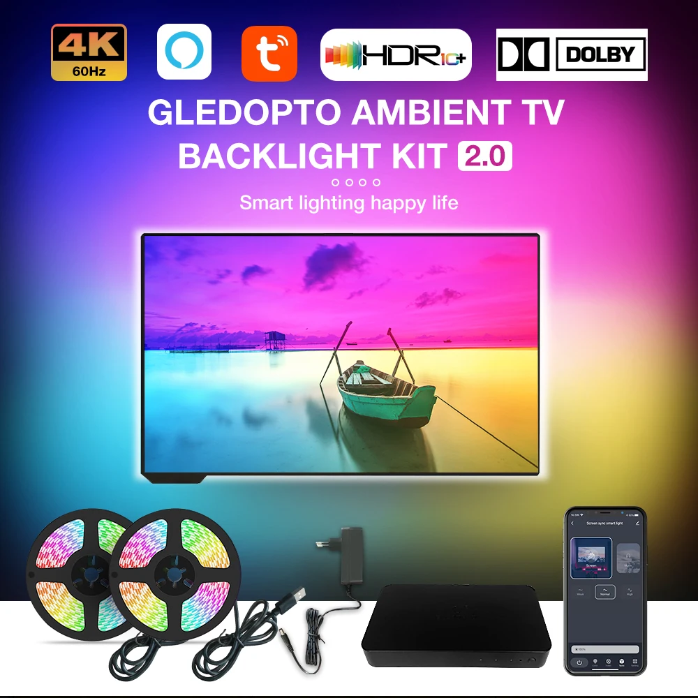 Gledopto WiFi Ambient TV Backlight Kit Color Changing RGBIC LED Strip Light Sync Box Work With Tuya APP/ Alexa Voice Control