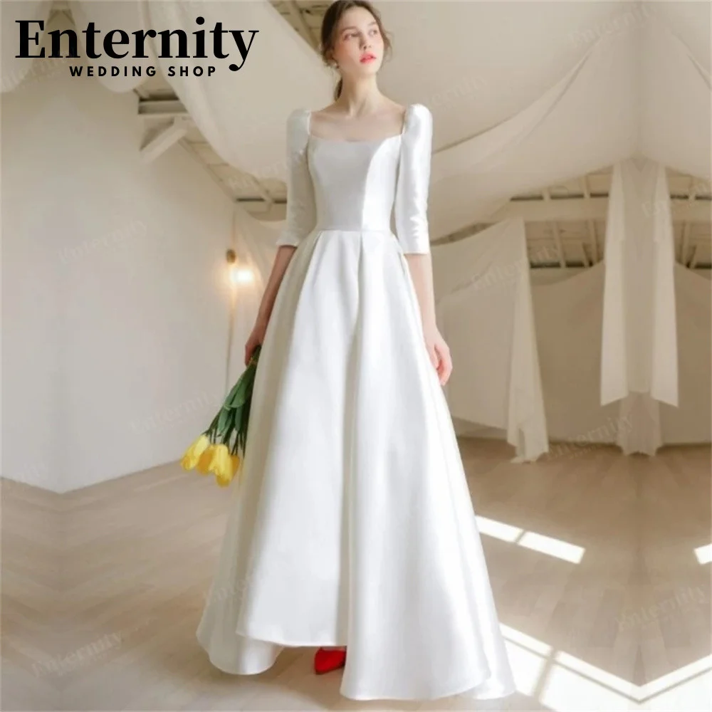 

Женское атласное свадебное платье It's yiiya, белое винтажное платье-трапеция до пола с квадратным вырезом, коротким рукавом и открытой спиной н...