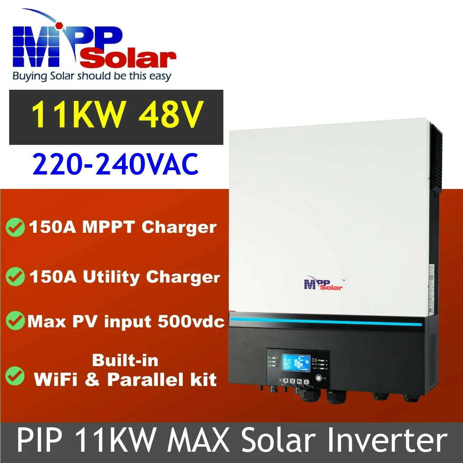 11kw 48v 230v MPP solar inverter dual 150A MPPT charger max PV500vdc