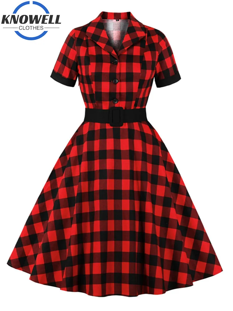 

Knowell Gothic Cotton Maxi Dress With Belts Plaid Print Short Sleeve Long Dresses Woman 2022 Vintage Y2K Streetwear Sundresses