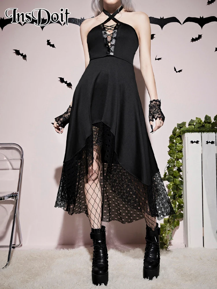 

InsDoit Gothic Clothes Black Summer Dress Women Sleeveless Lace Up Halter Corset Sexy Dress Elegant Party Club Backless Dresses