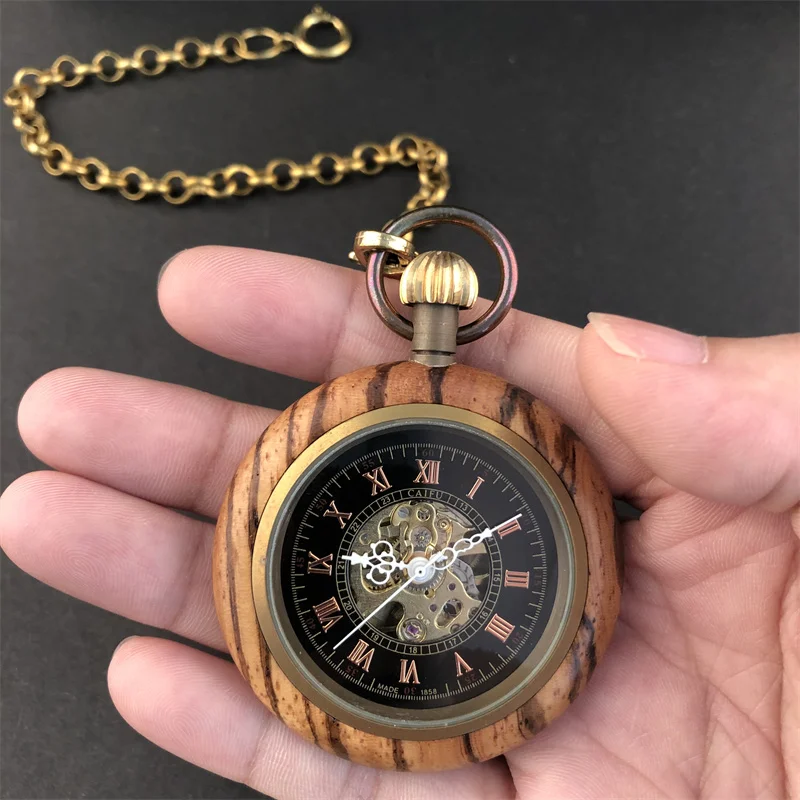 Roman Numerals Vintage Wooden Mechanical Minimalist Pocket Watches For Men Women Necklace Pendant with Chain Gifts
