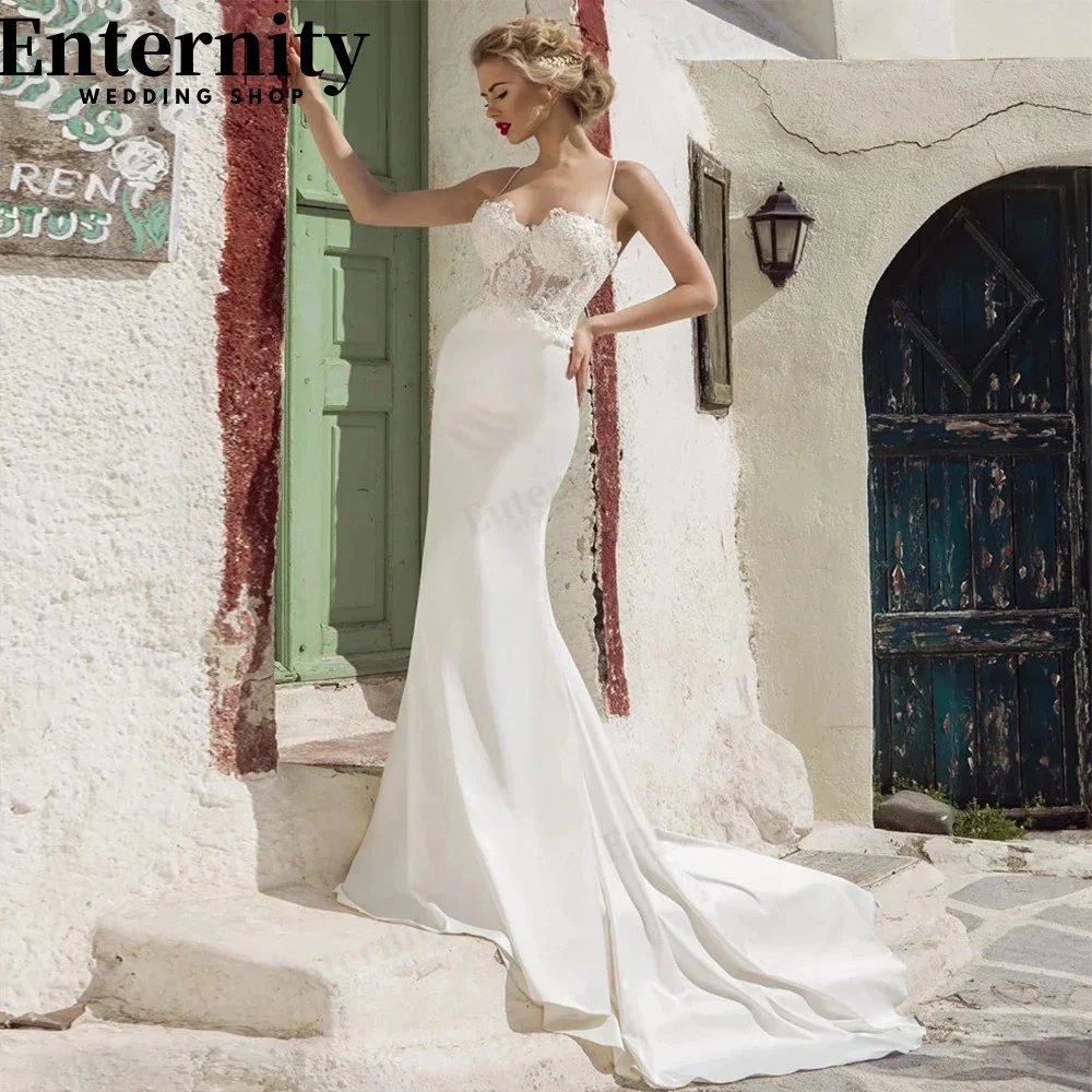 

Glamorous Backless Mermaid Beach Bridal Dress Spaghetti Straps Lace Appliques Boho Bridal Gowns Robe De Mariage 2022 Nouveauté